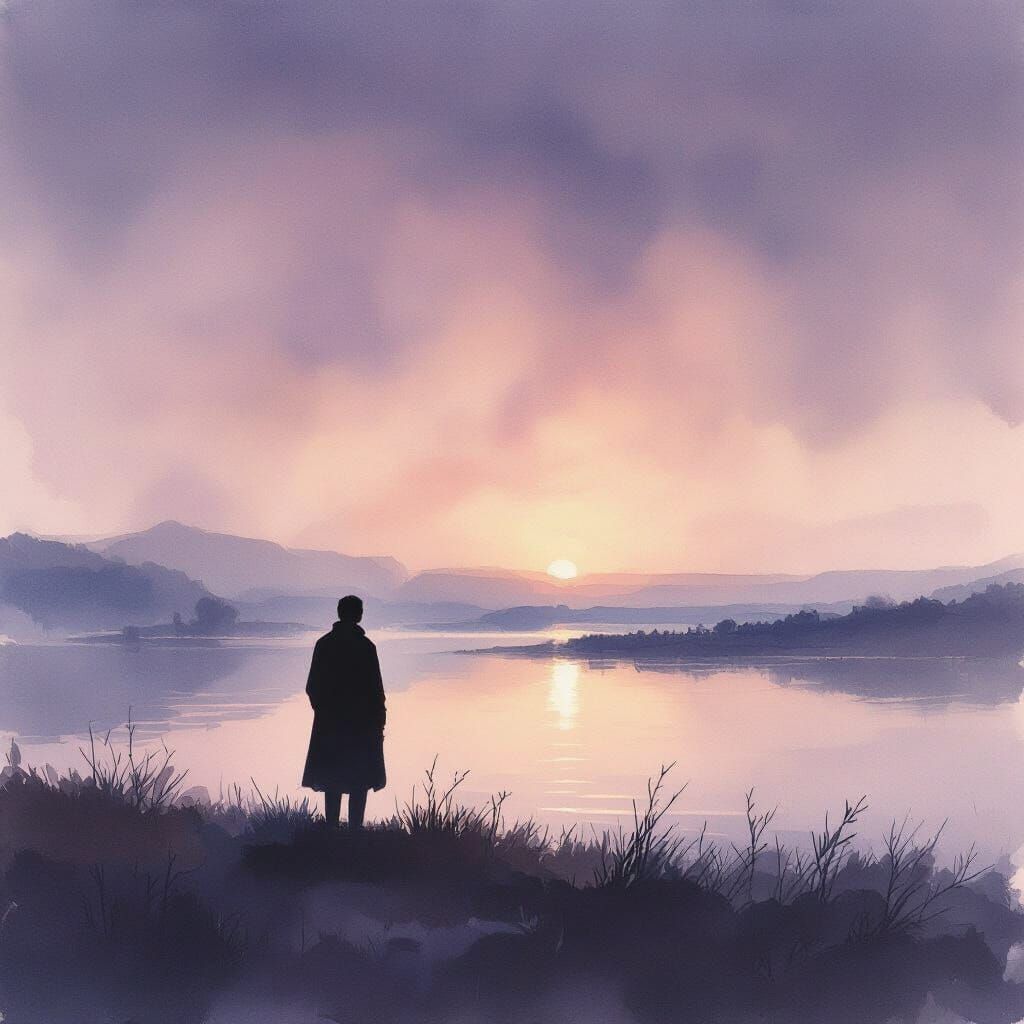 Ethereal Dawn Melancholy Over Distant Landscape