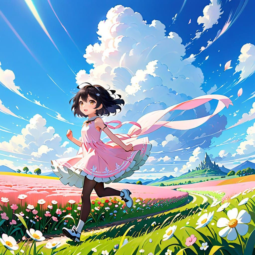 Windy day. A Thai woman with short black hair and brown eyes run in the field, spring dress