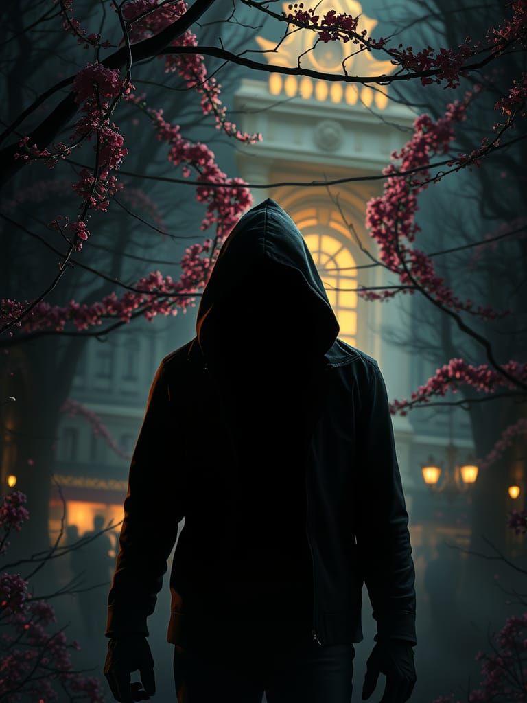 Hooded Burglar Silhouette in Fantasy Landscape