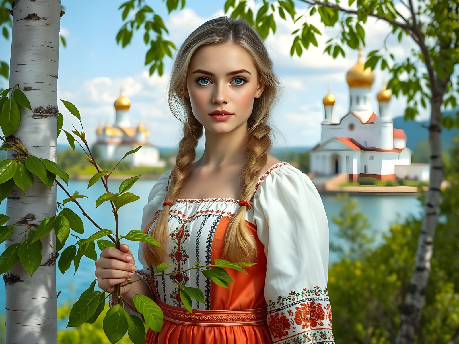 Russian Folk Beauty Adorns a Holy Trinity Day Village Scene