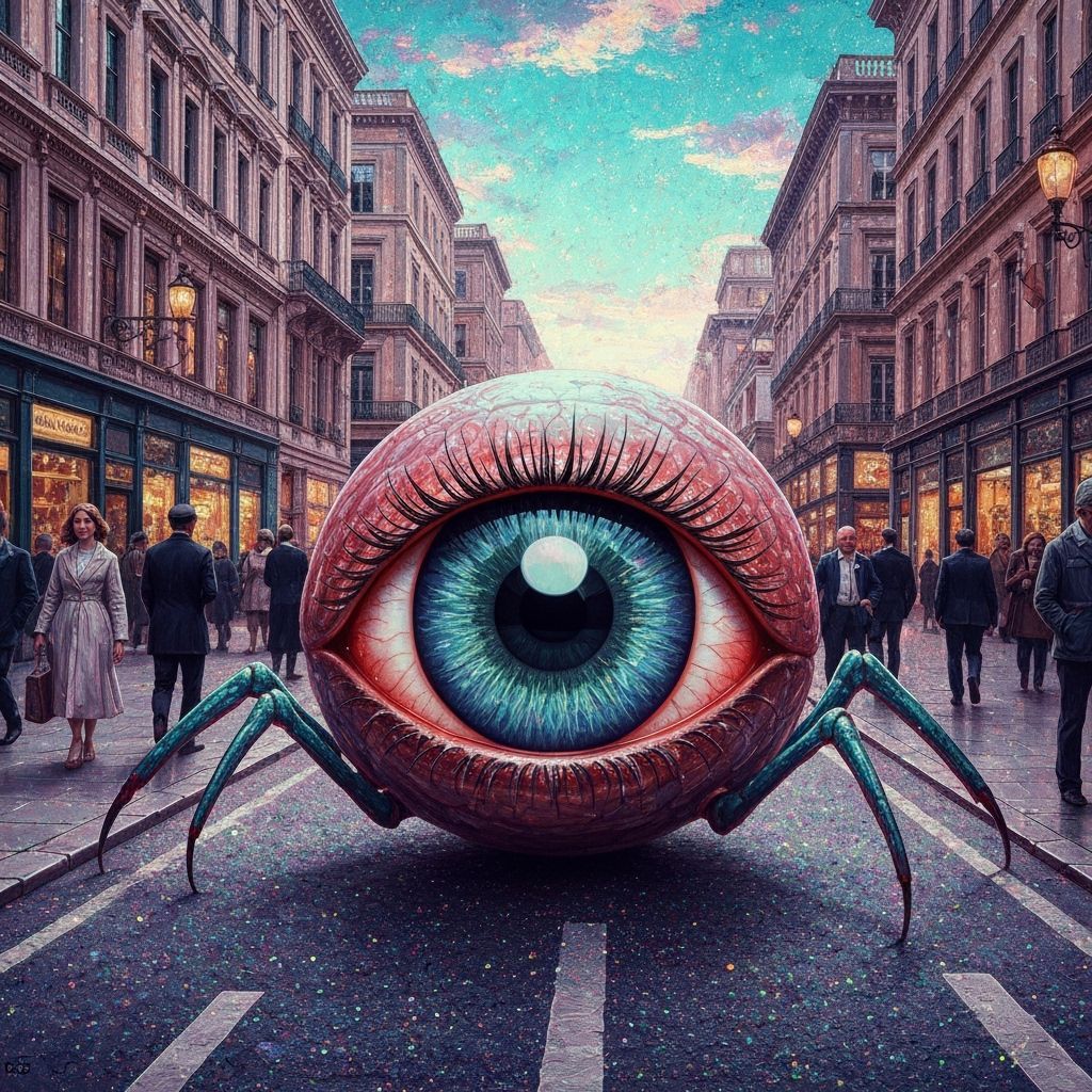 Monster Eyeball With Legs Scuttles Down Busy Street