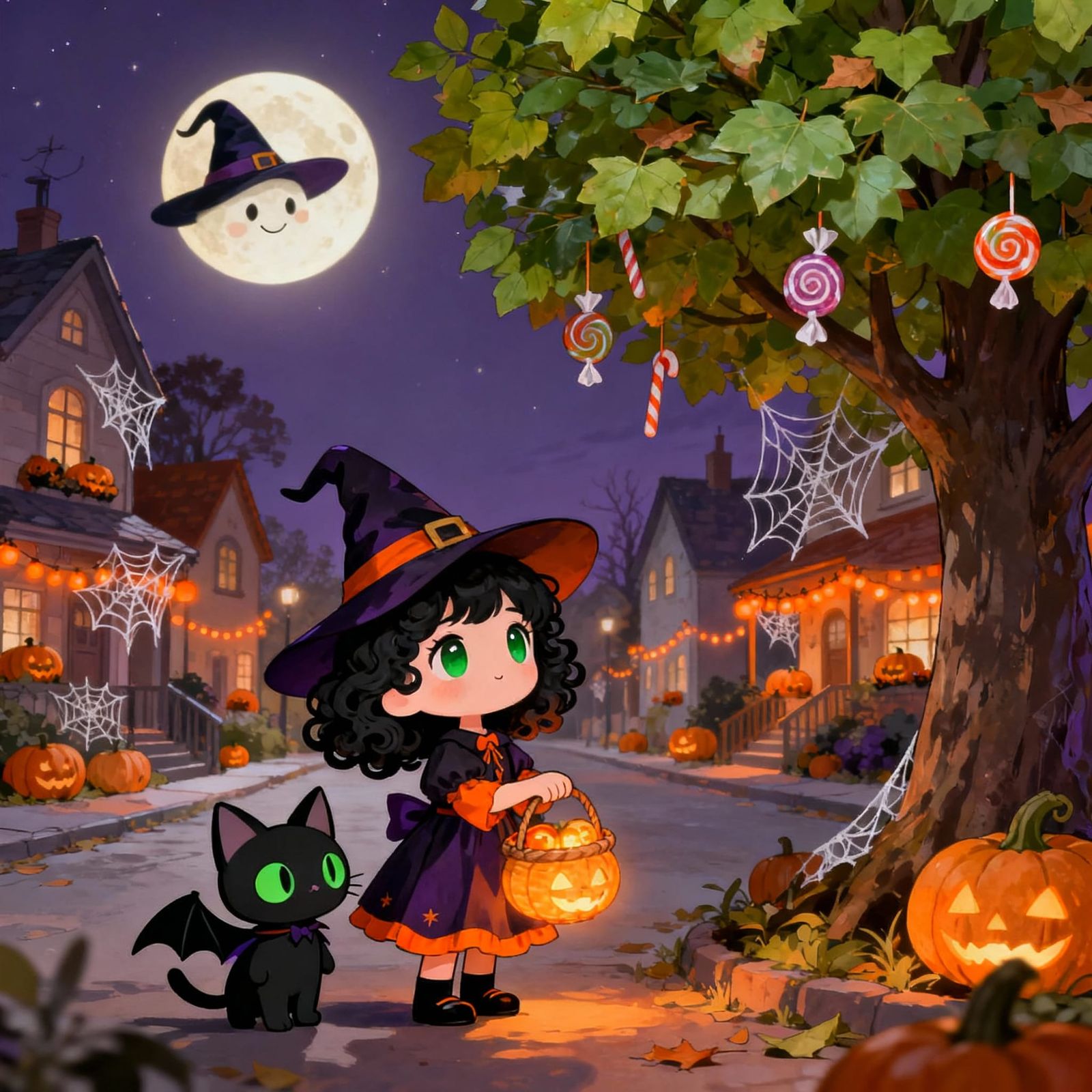 Cute Halloween Chibi Scene with Witch and Kitten
