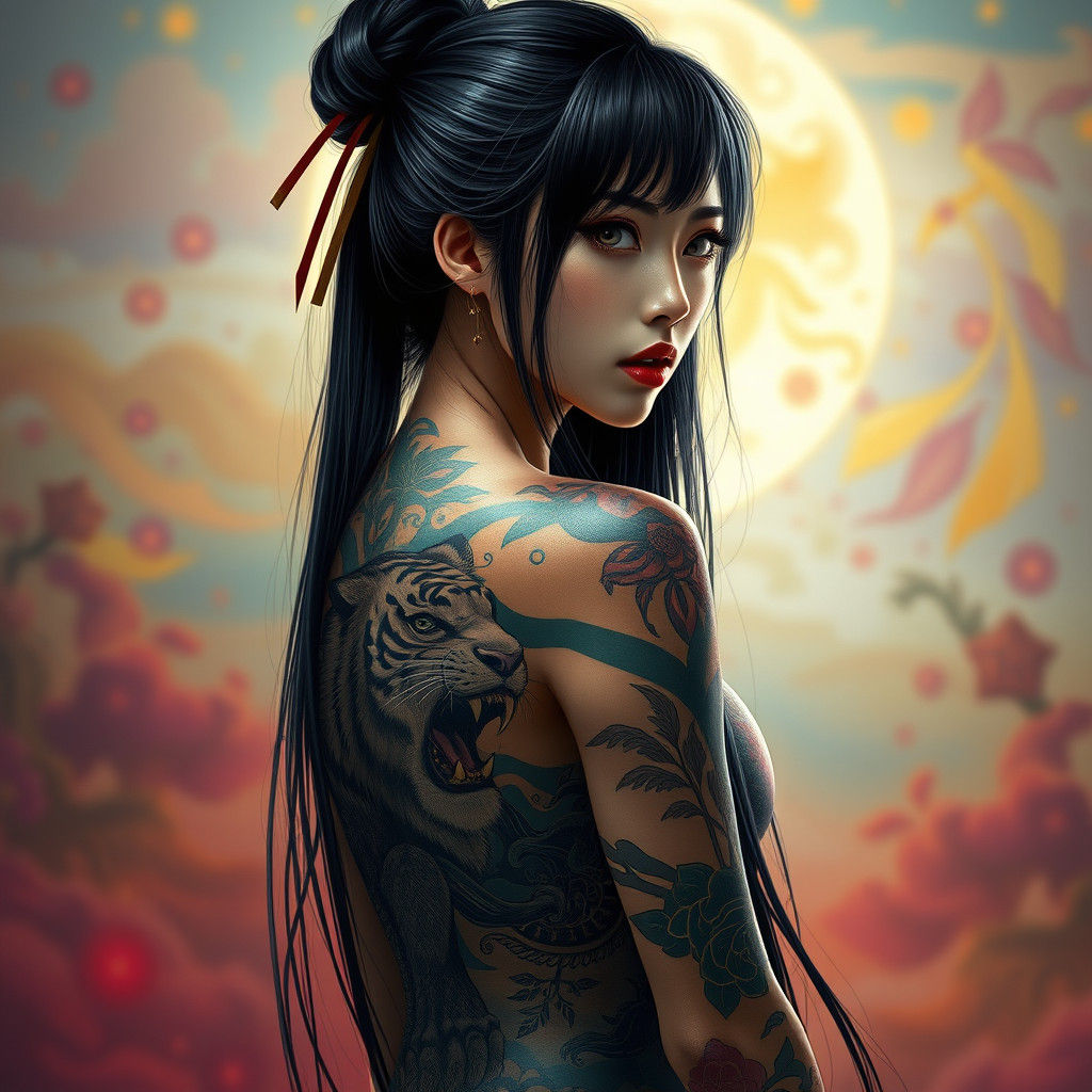Tiger Tattooed Woman in Hyper-Realistic Concept Art
