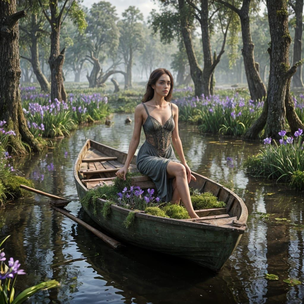 Iris Flower as Woman in Swamp Boat: Photorealistic 8k