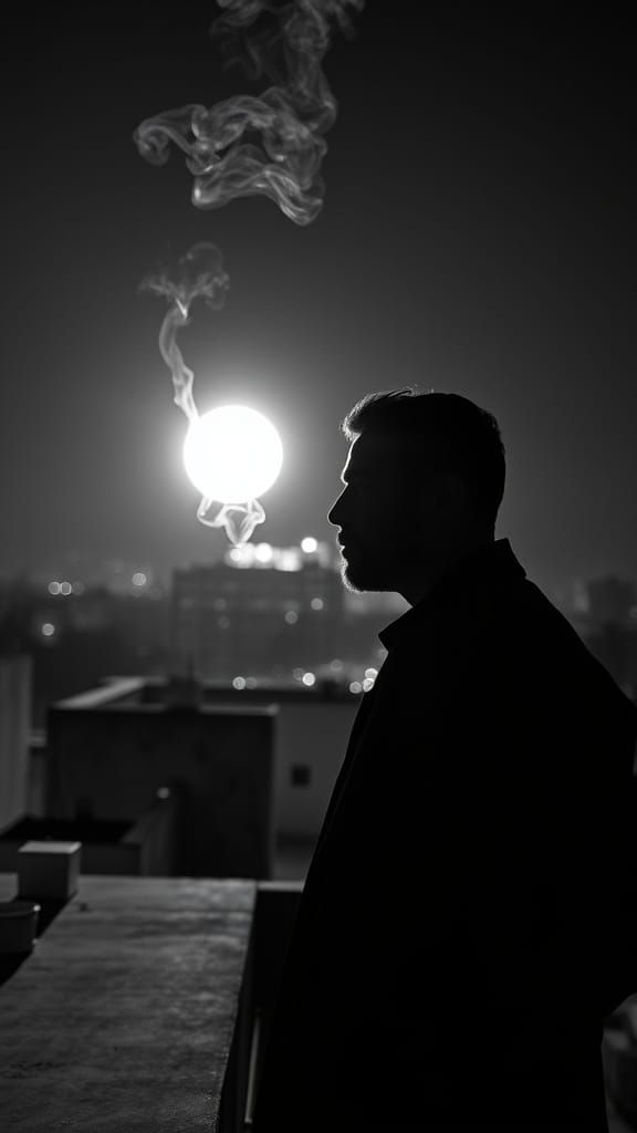 Noir Photo of Man Smoking Under Moonlight