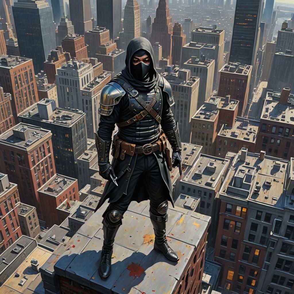 Rooftop Assassin: Hyperrealistic Oil Painting
