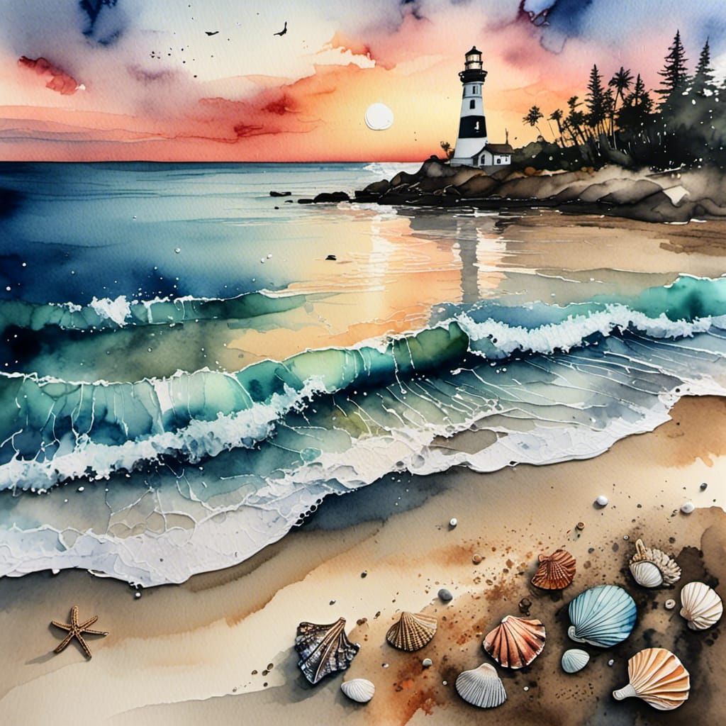 Serene Sunrise Beach with Lighthouse, Watercolor Style