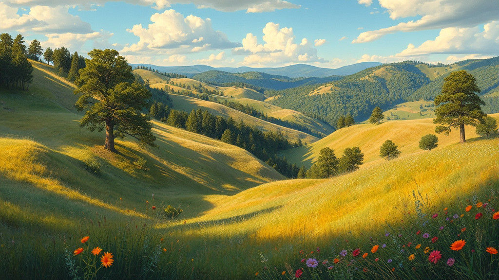 Idyllic Landscape Painting with Rolling Hills and Sunlight