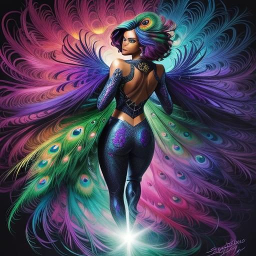 Peacock Haired Woman in Comic Book Art Style