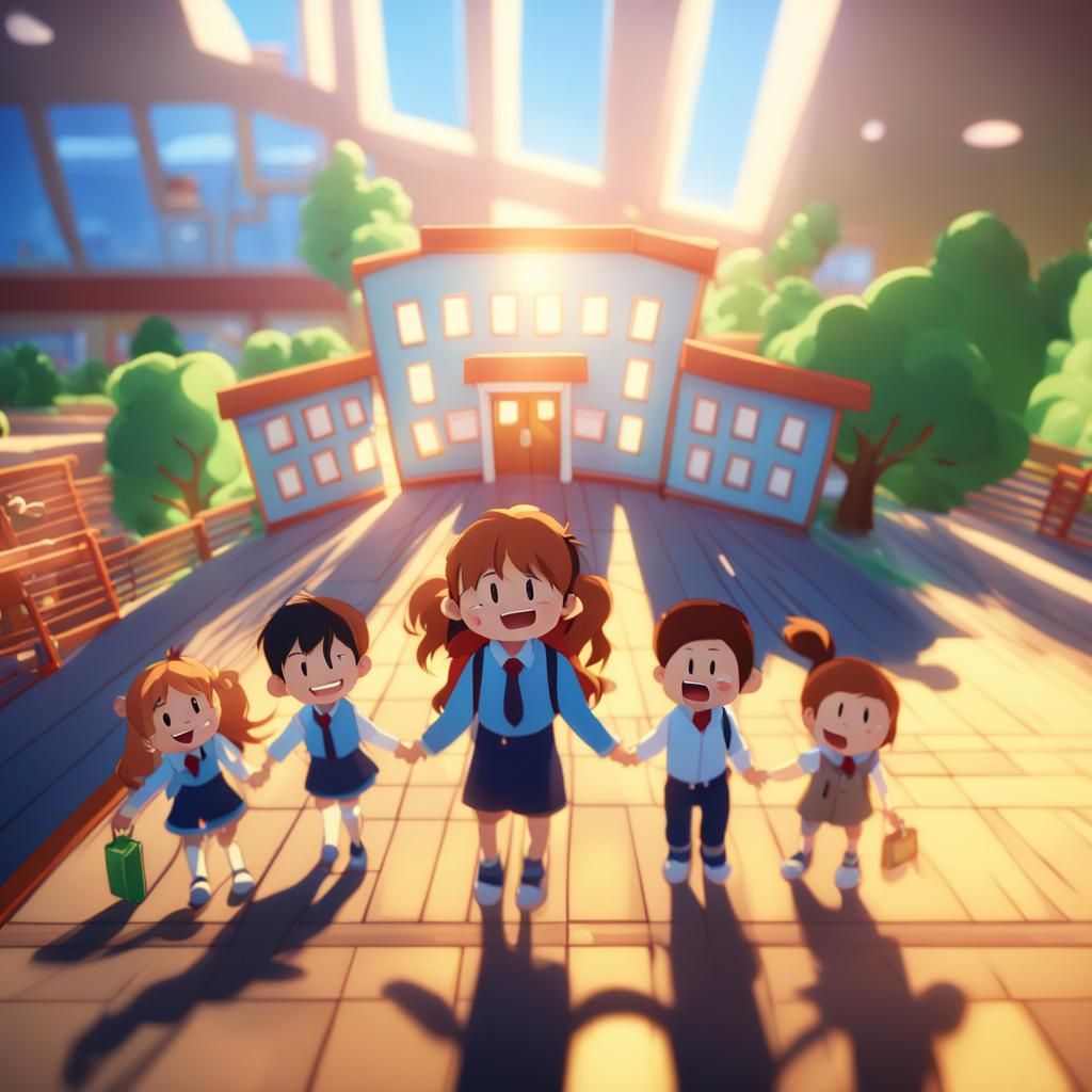Joyful Student in Sunlit Anime School Hallway