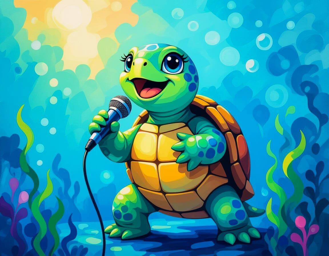 Fantasy Turtle Singer in Acrylic Painting Style