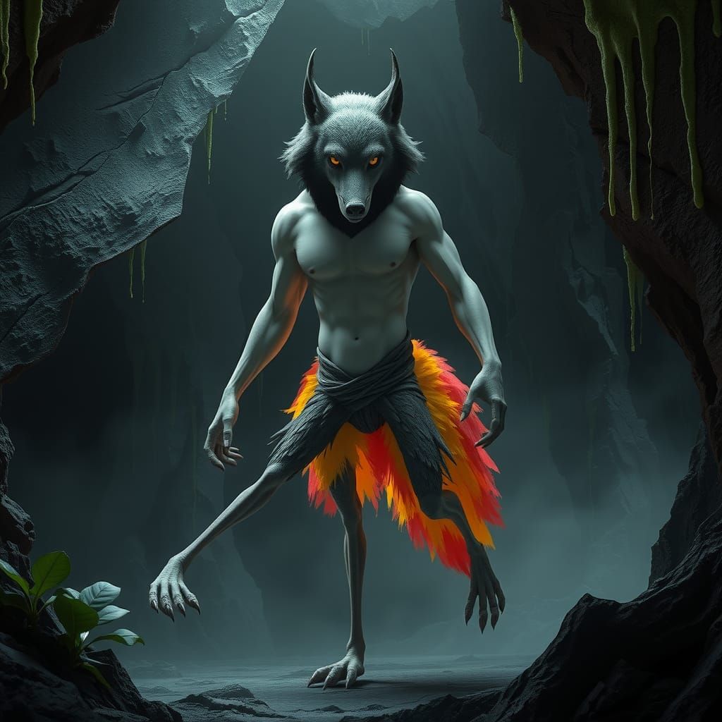 Wolf-Human-Ostrich Fusion Creature in Art Nouveau Style