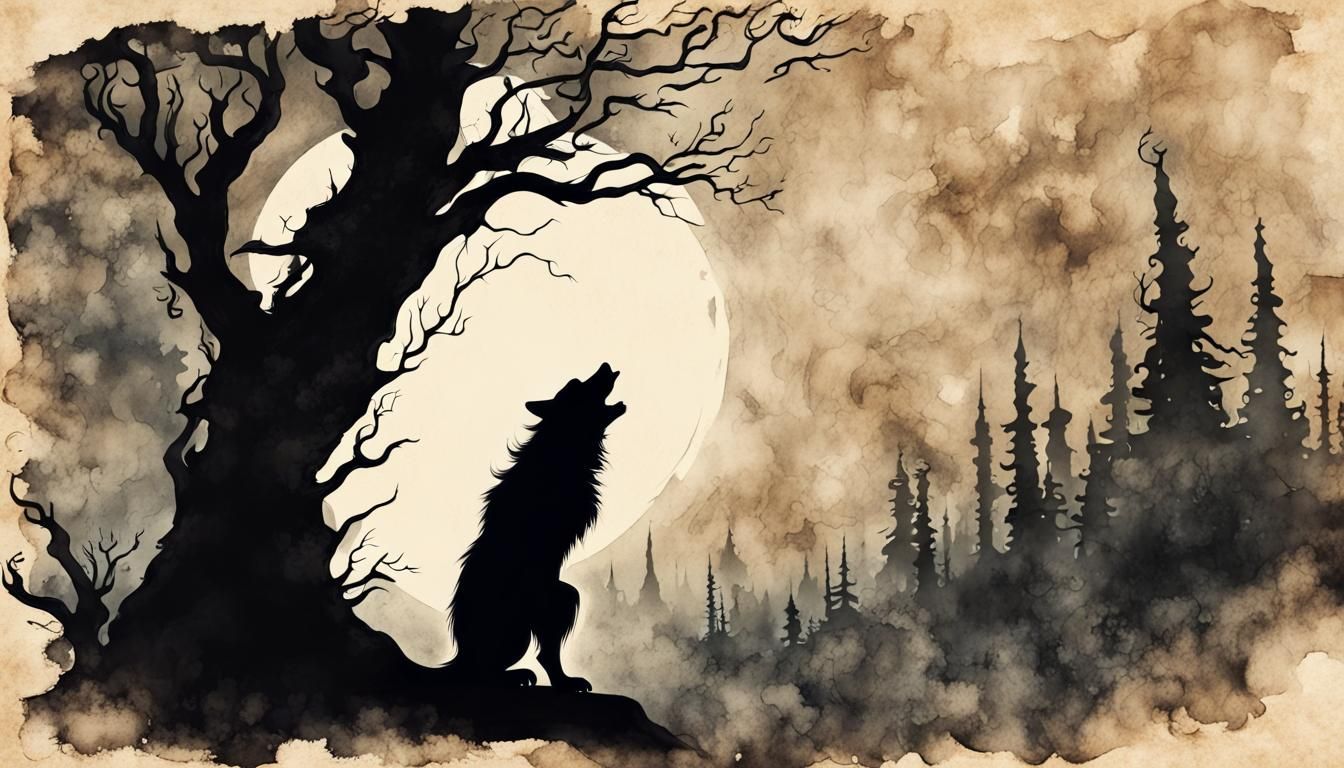 Werewolf Silhouette in Steampunk Ink Painting Style