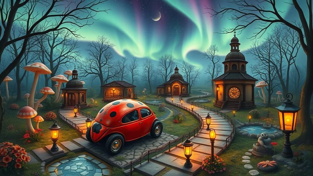 Mystical Ladybug in Clockwork Garden, Watercolour Style