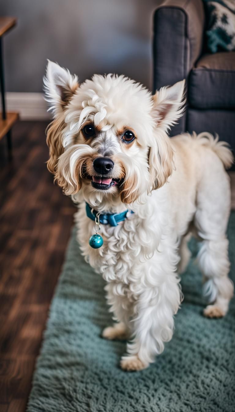 Fluffy White Dog Portrait with Toy Ball