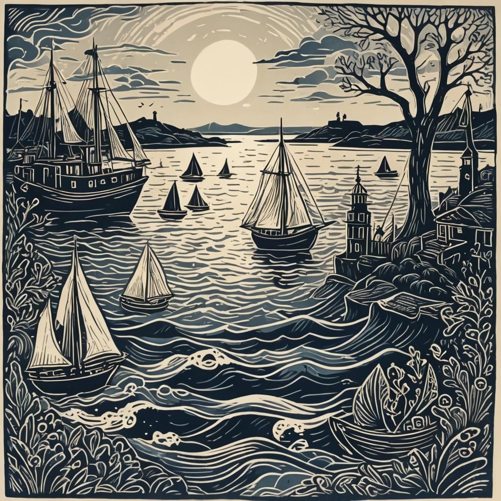 Nautical Scene in Lino Cut Style