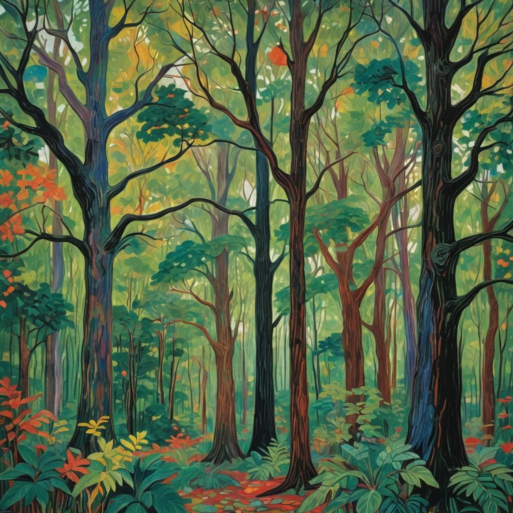 Lush Forest Tapestry in Impasto Style