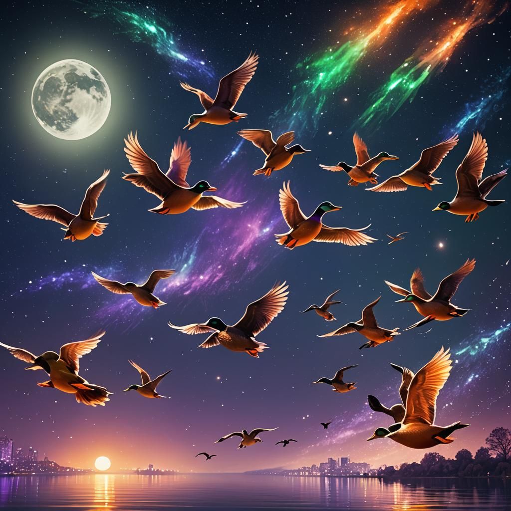 Ducks Flying in Formation Under Moonlight, Concept Art