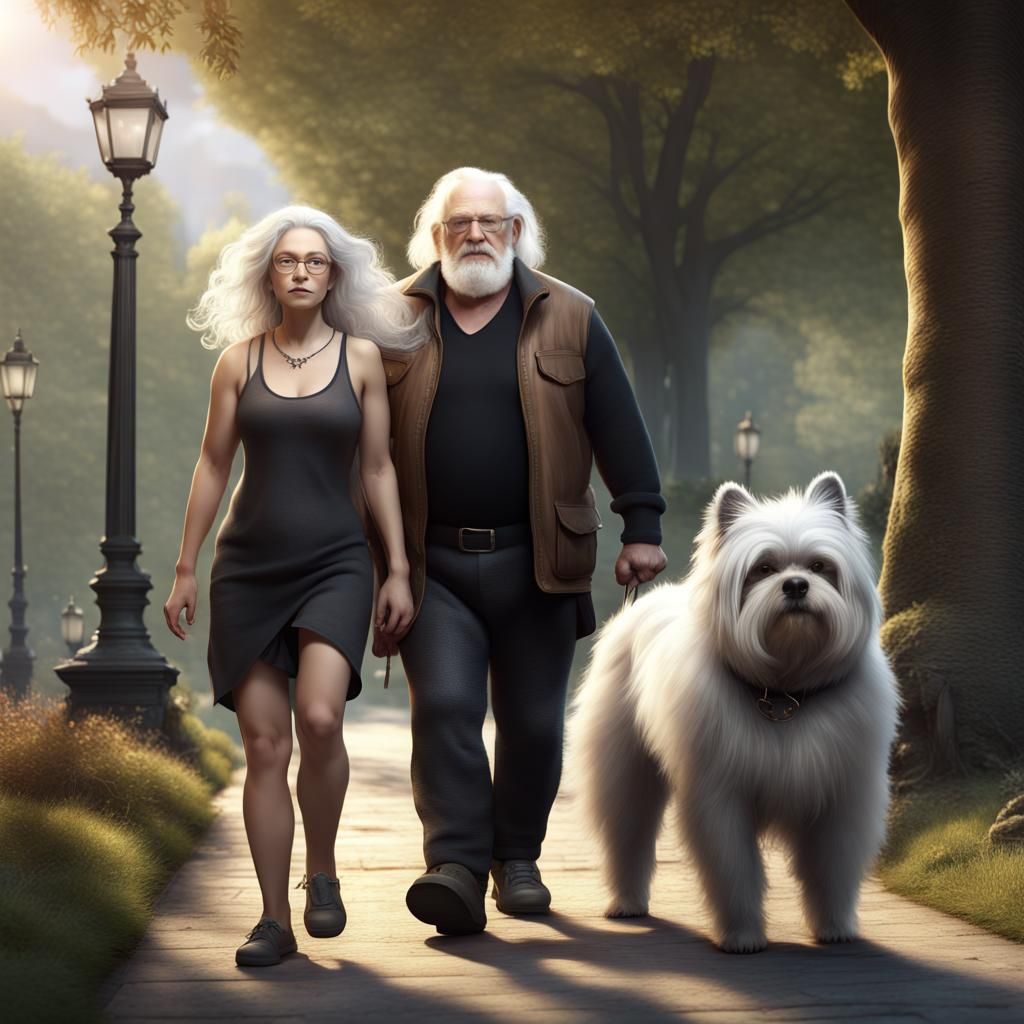 Quirky Couple Strolling in Park: Fantasy Art