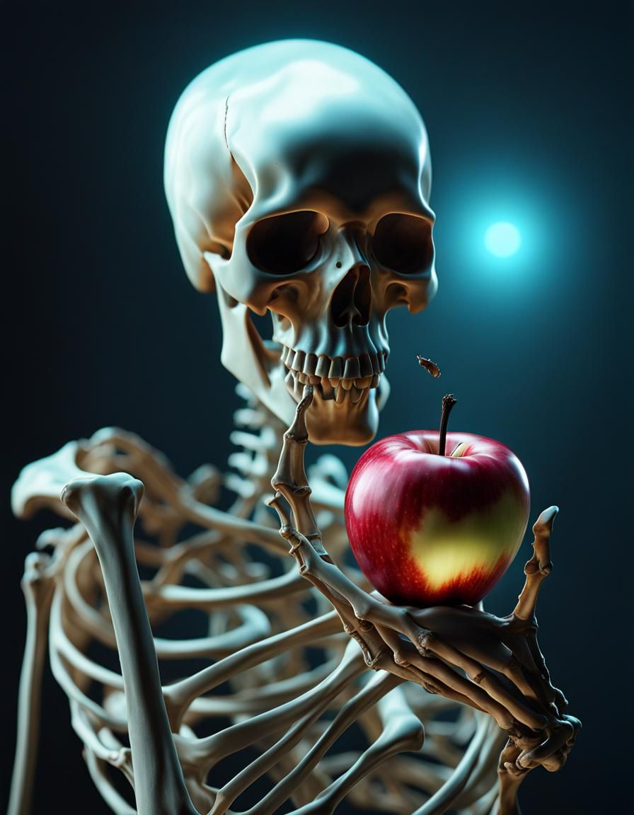 Skeletal Hand with Decaying Apple in Bioluminescent Light
