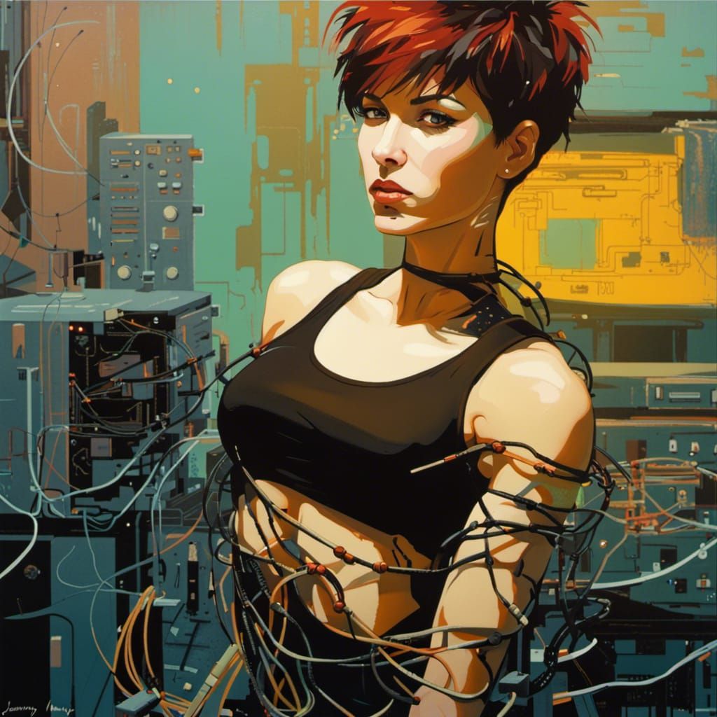 Punk Cyborg in Cyberpunk Oil Painting