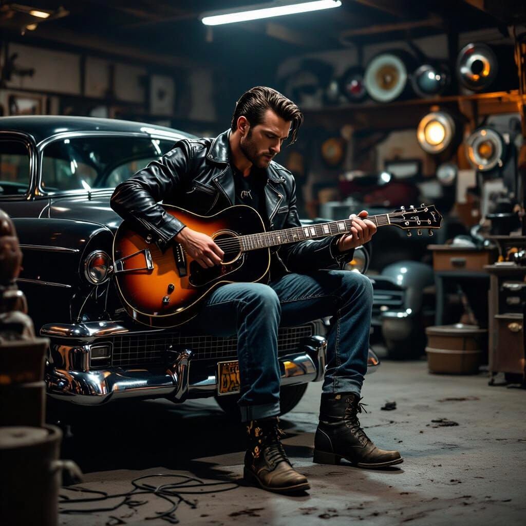 Greaser Strums Guitar in Garage, Cinematic Lighting