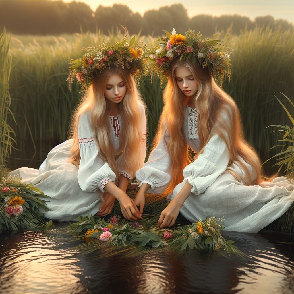 Slavic Peasant Girls in Idyllic Evening Setting