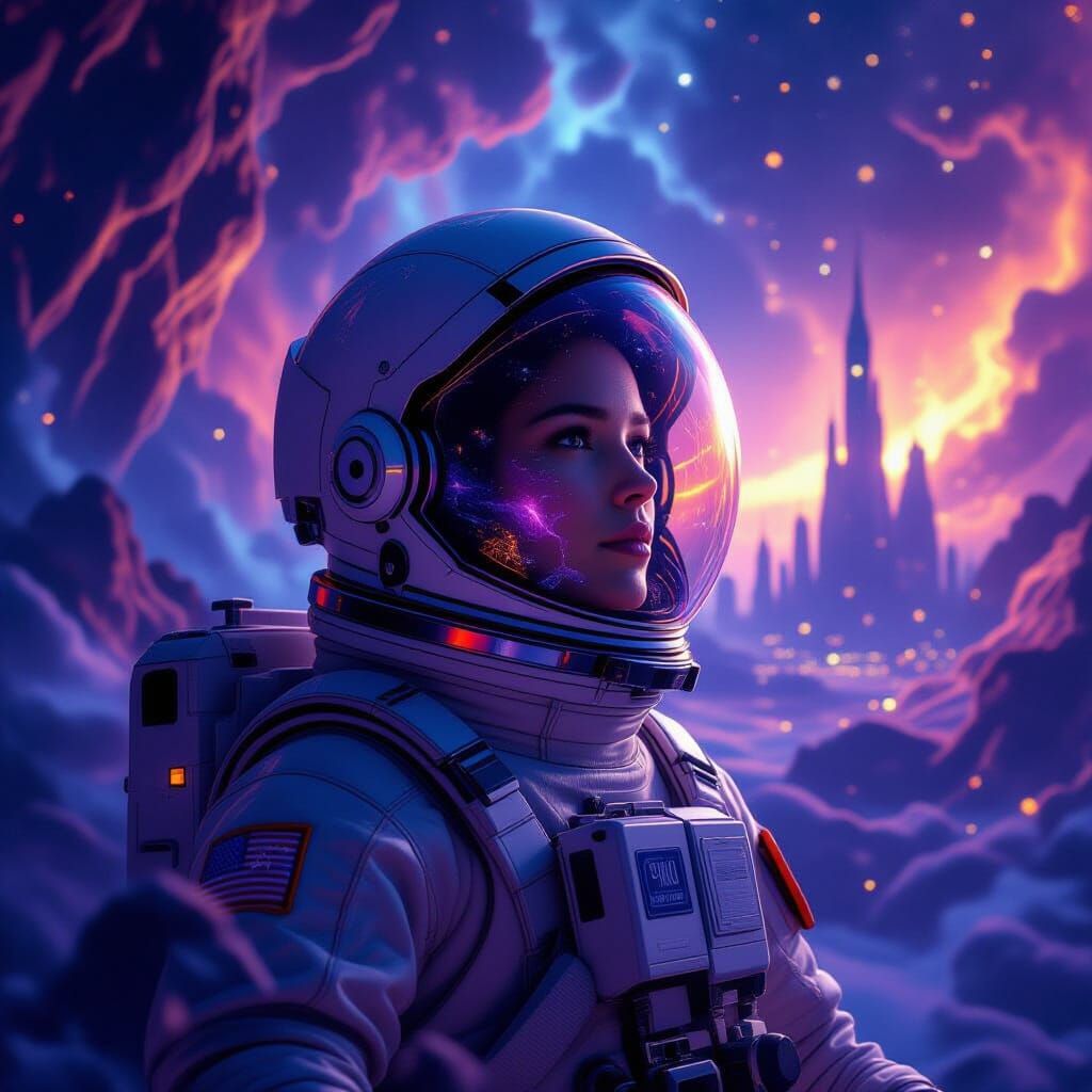 Astronaut Adrift in Cosmic Nebula Reflecting Alien City