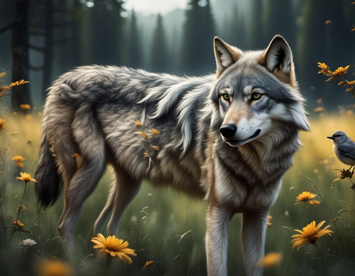 Gray Wolf in Summer Field: Detailed Matte Painting
