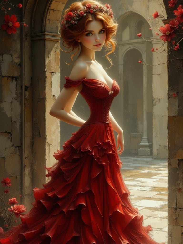 Stunning Princess in Red Gown with Flower Crown