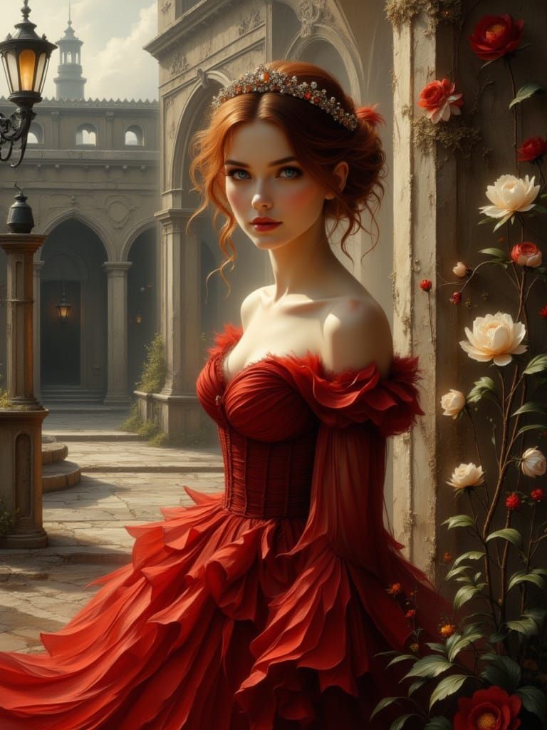 Elegant Princess in Deep Red Gown