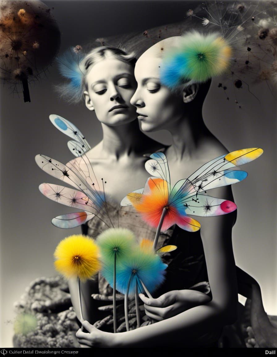 Winged Fairies in Dandelion Dreamscape: Surreal Grayscale Ar...