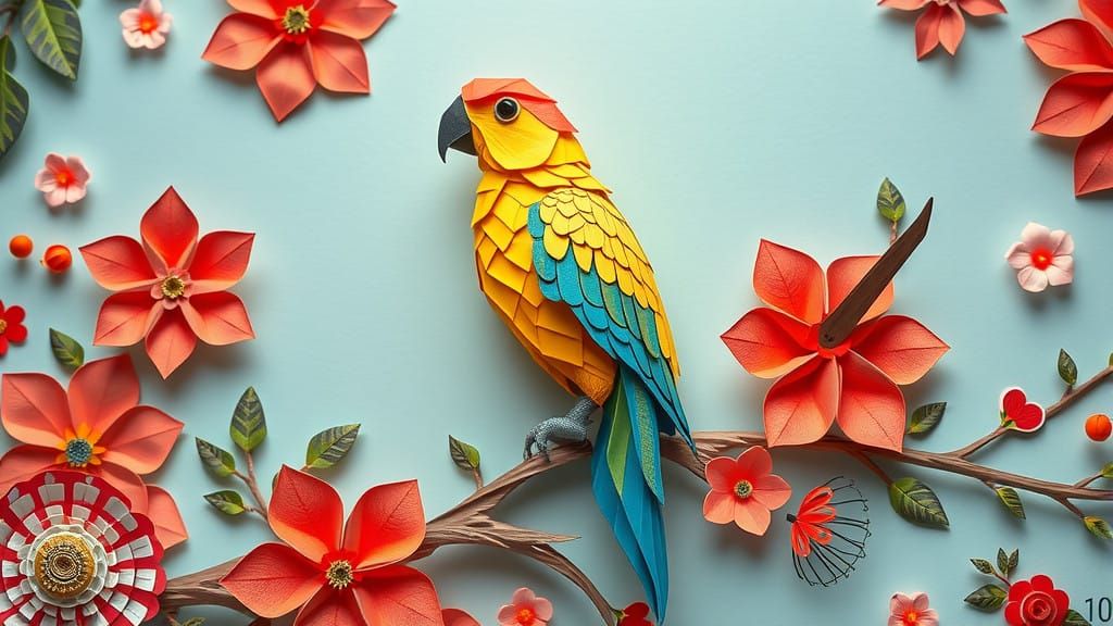 Origami Parrot in Whimsical Paper Wonderland
