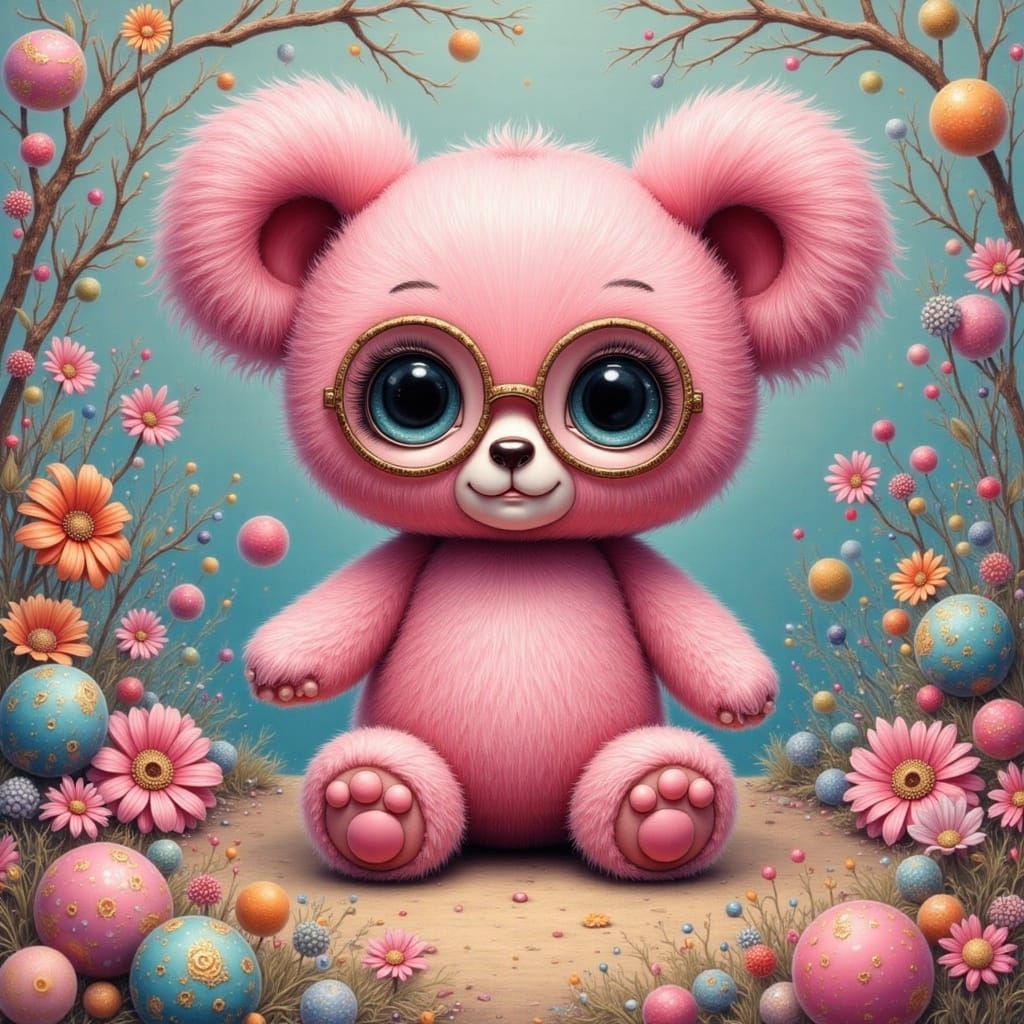 Whimsical Pink Teddy Bear in a Vibrant Wonderland