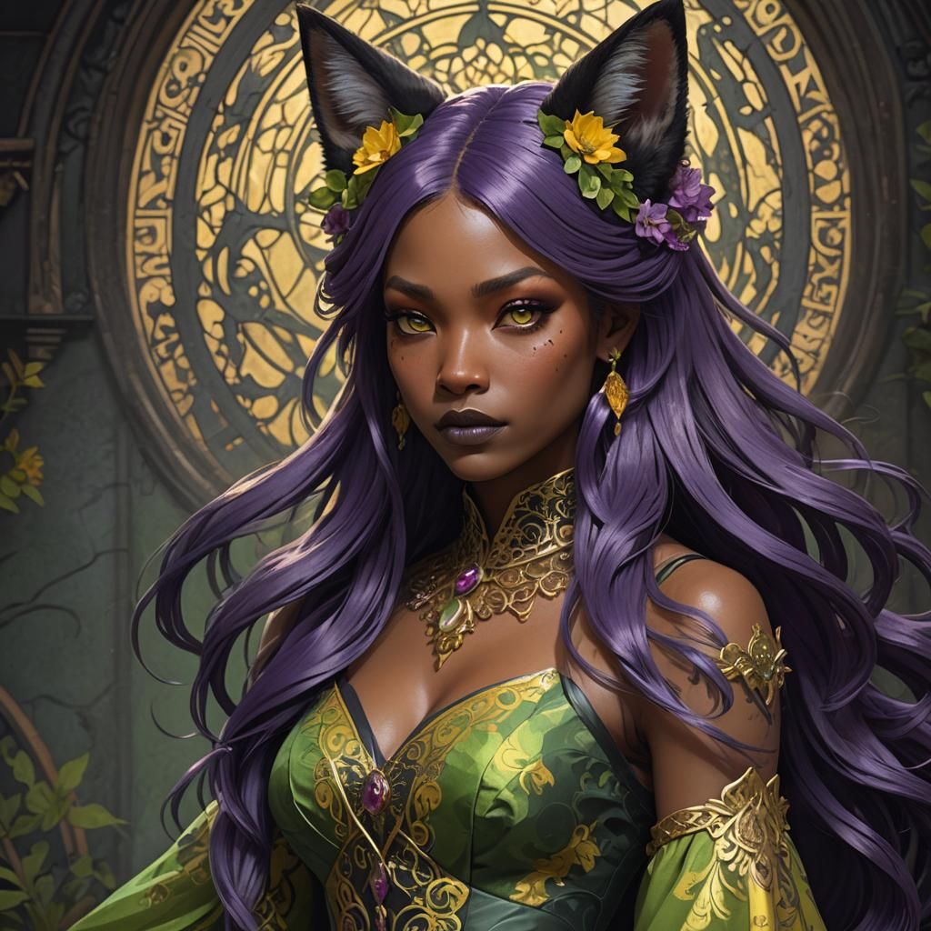 Gothic Kitsune Portrait with Purple Hair, Detailed Art
