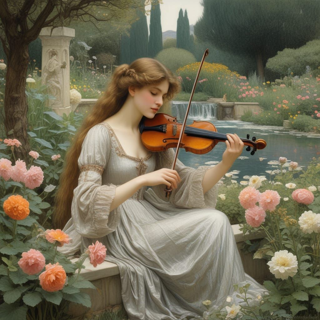 Ethereal Garden Serenade in Whimsical Waterhouse Style