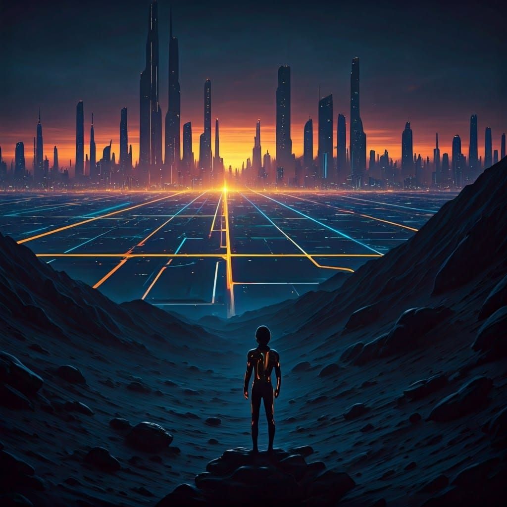 Glowing Tron Cityscape at Dusk