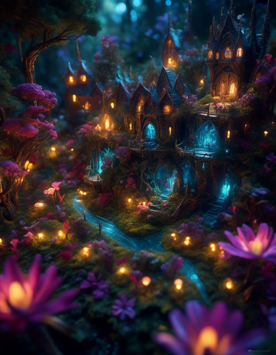 Enchanted Bioluminescent City in Tilt-Shift Fantasy World