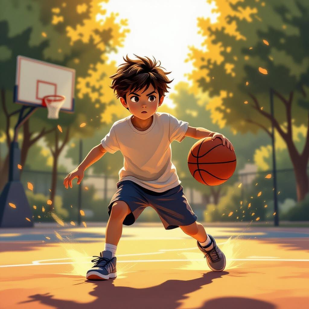 Boy Plays Basketball in Golden Hour Light