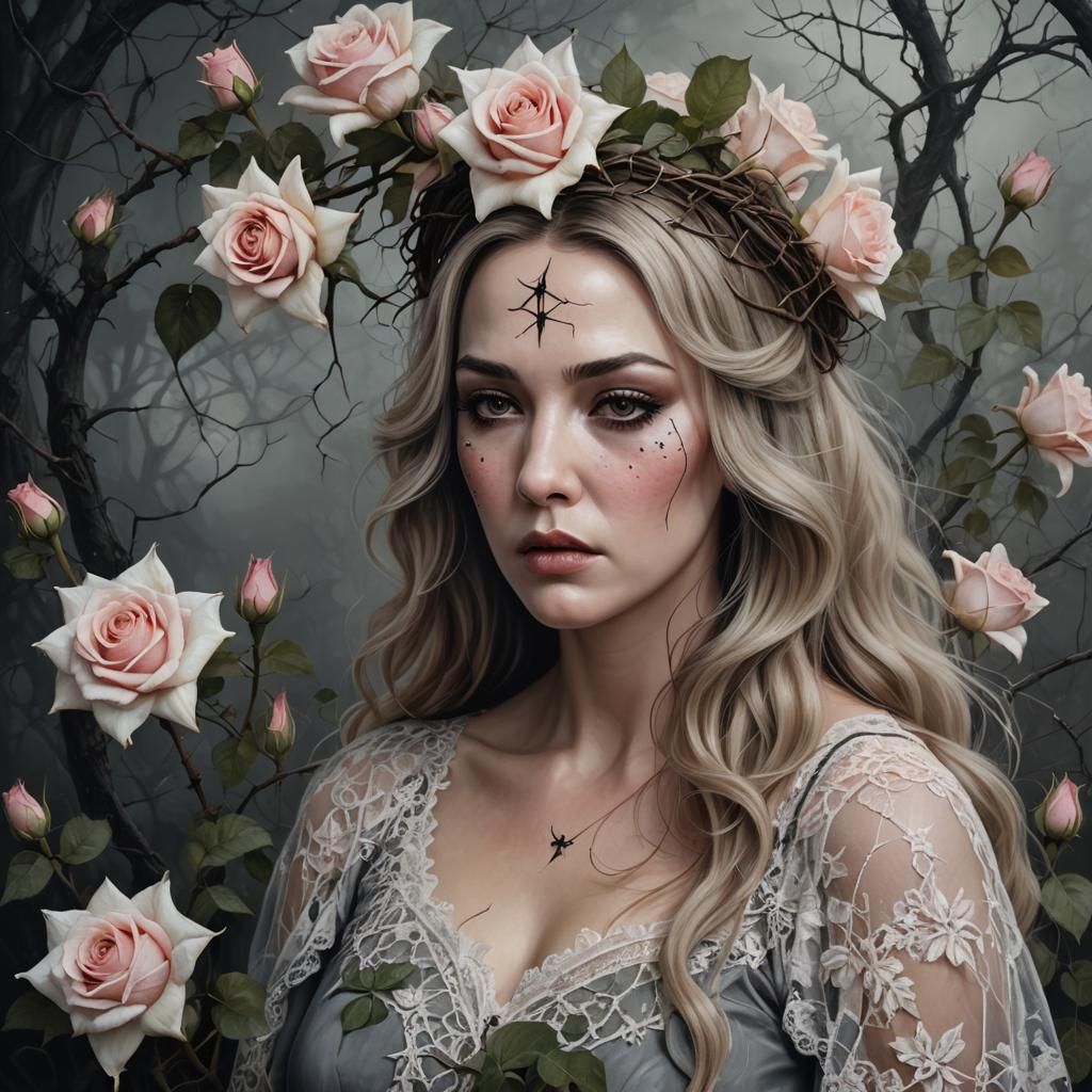 Lady in misty pink rose garden