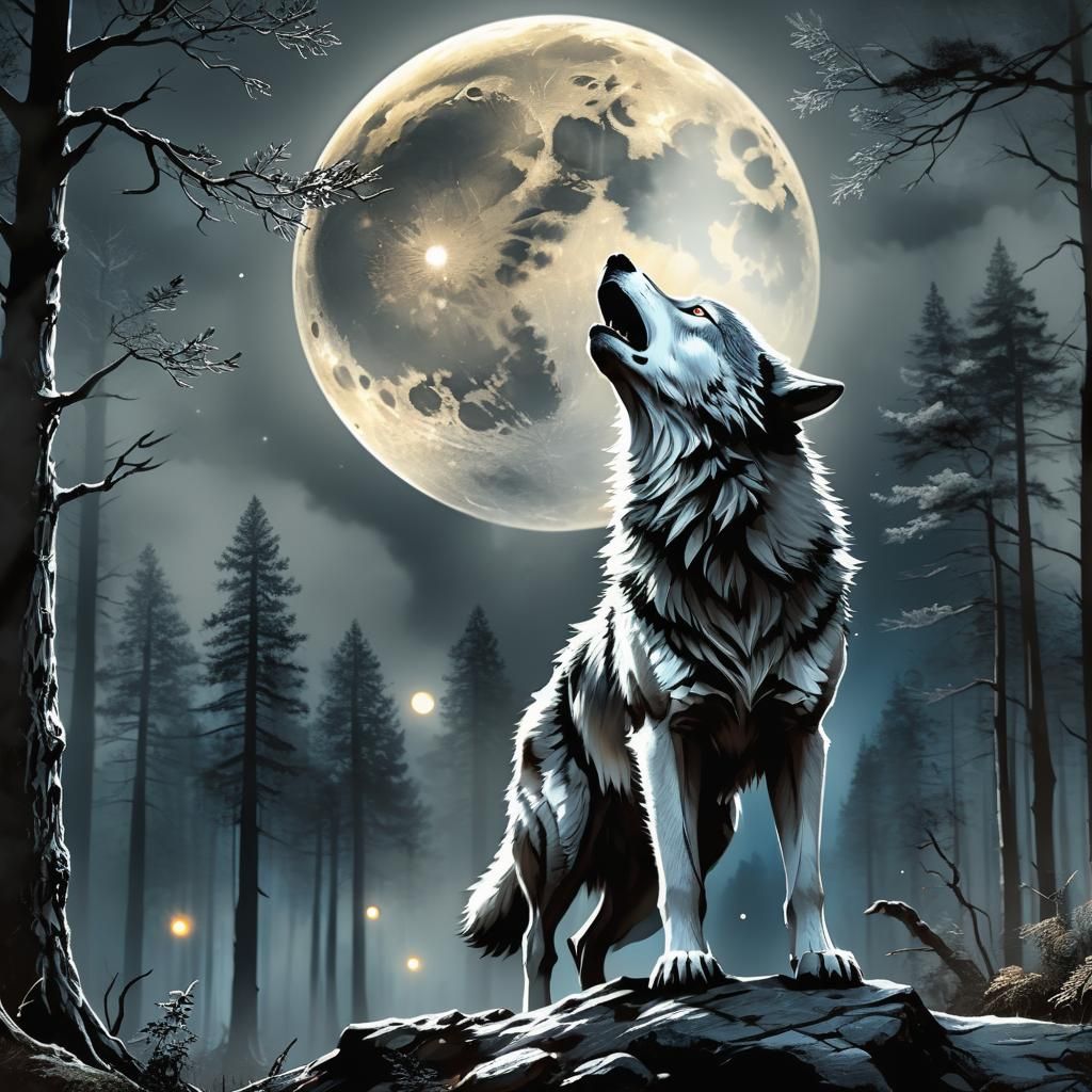 Grey Wolf Howling at Moon, Fantasy Art