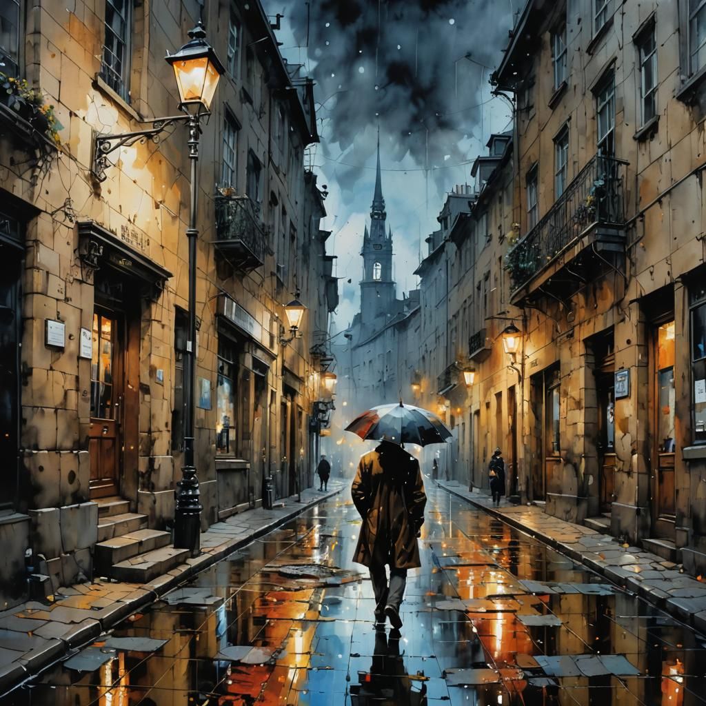 Lonely walk in the rain