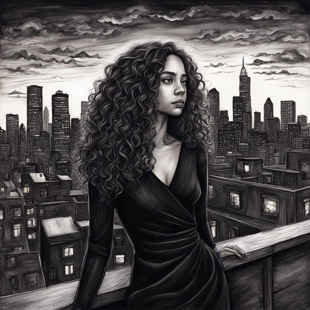 Woman on Rooftop Overlooking City at Dusk, Charcoal Drawing