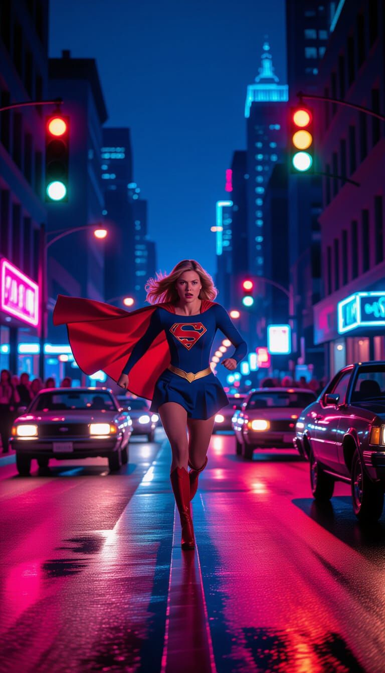 Supergirl Runs Down Neon Street in 80s Cyberpunk Style
