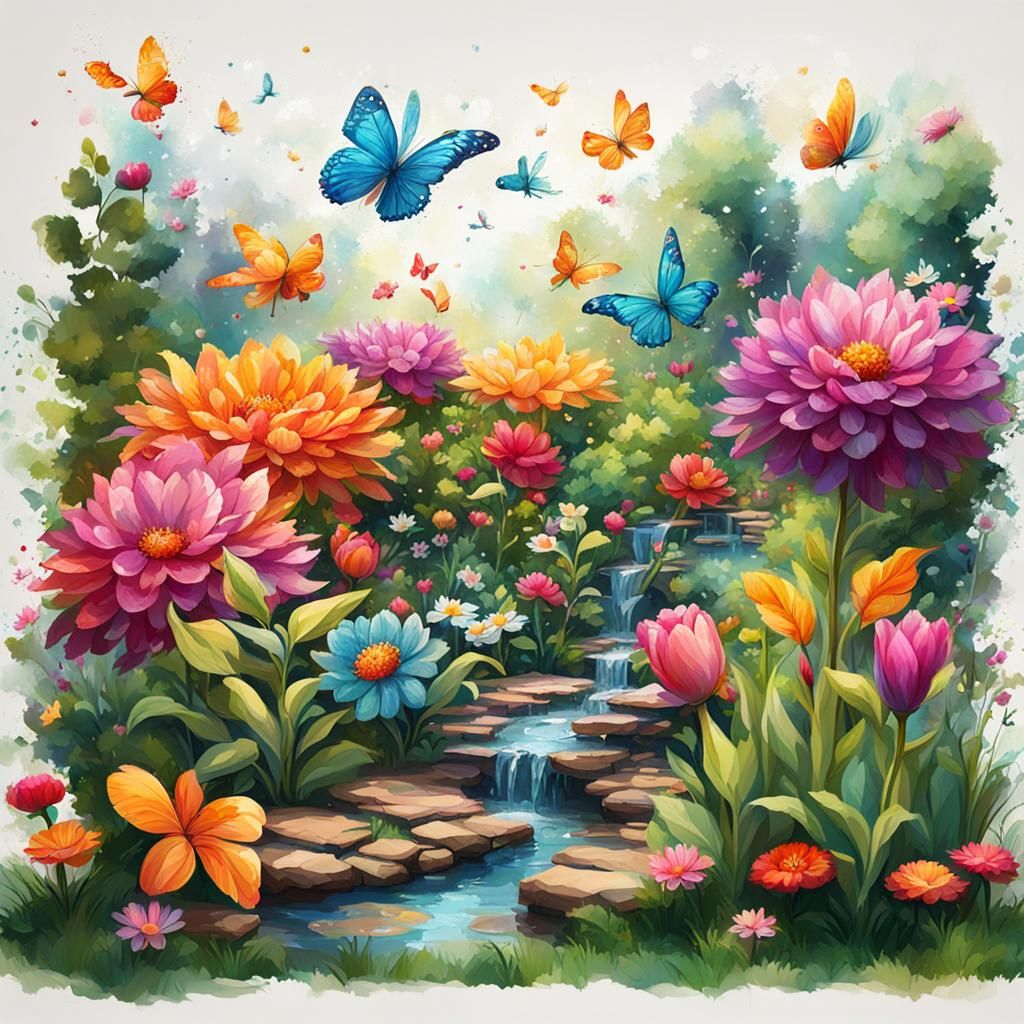 Vibrant Garden Splash Art in Whimsical Style