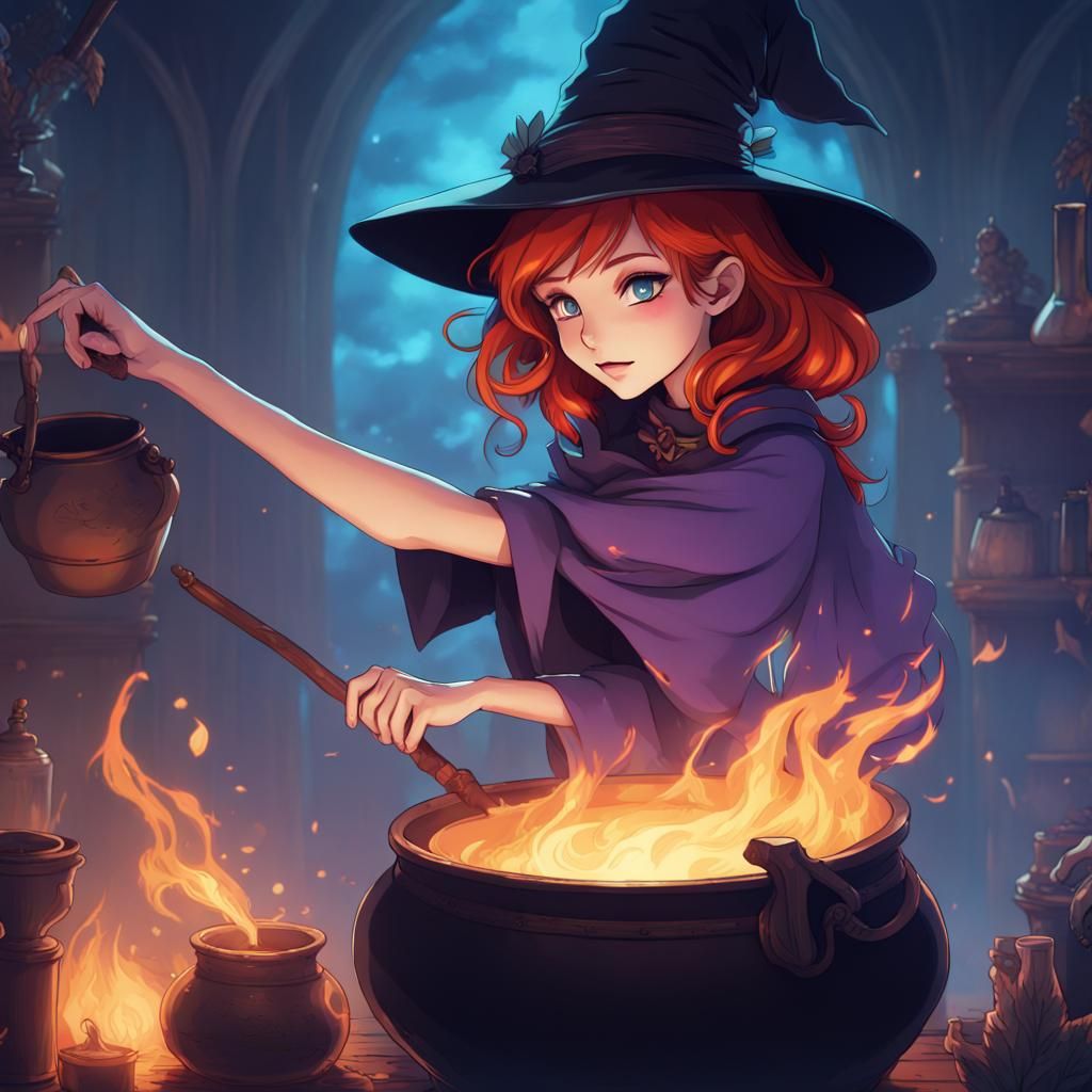 A lovely Redhead witch casting a spell, surrounded by other witches and standing next to a smoking cauldron. Anime chara...