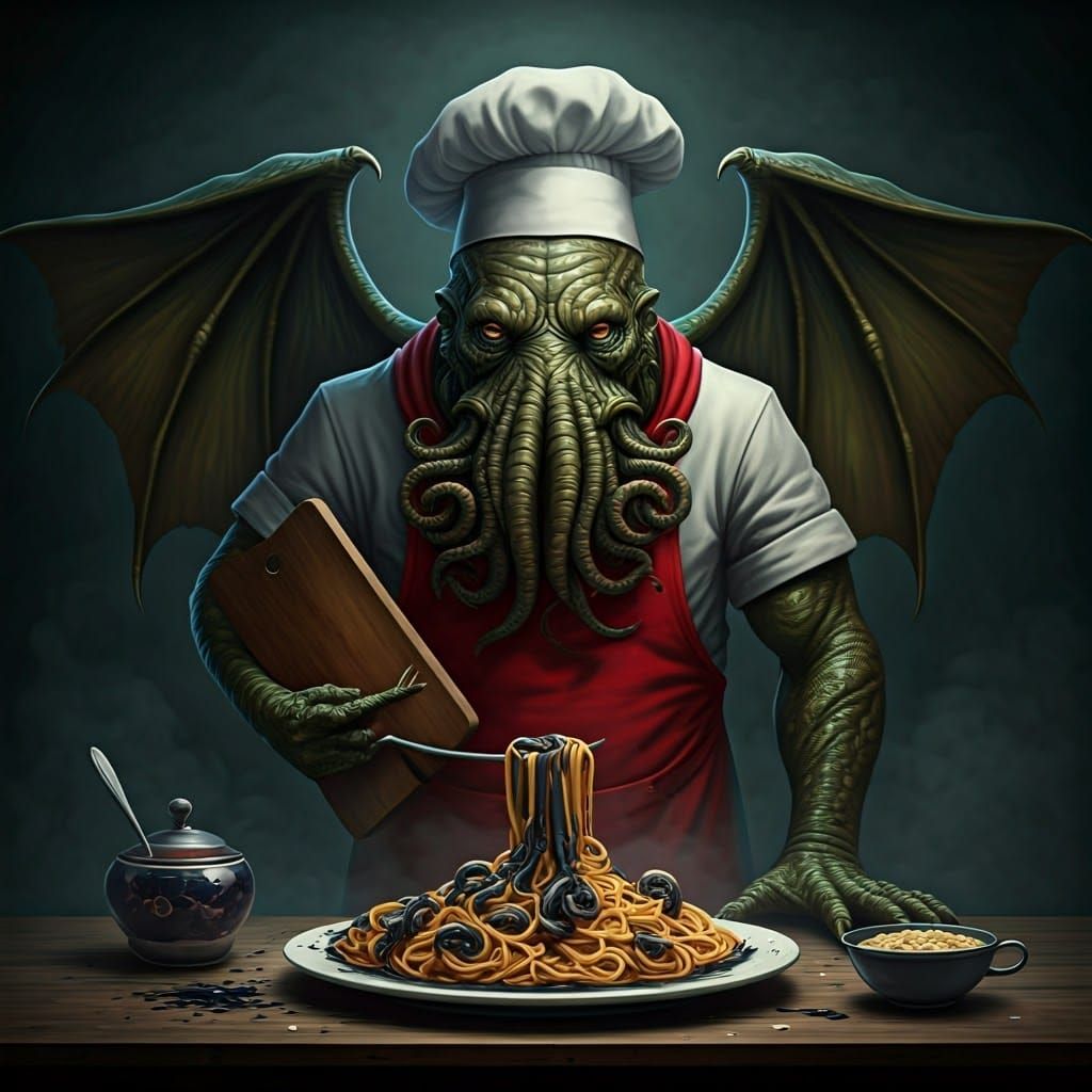 Cthulhu Chef Serves Eldritch Horror Pasta, Cyberpunk Style