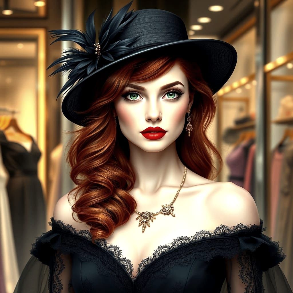Elegant Red-Haired Woman in Black Gown, Cinematic Fashion
