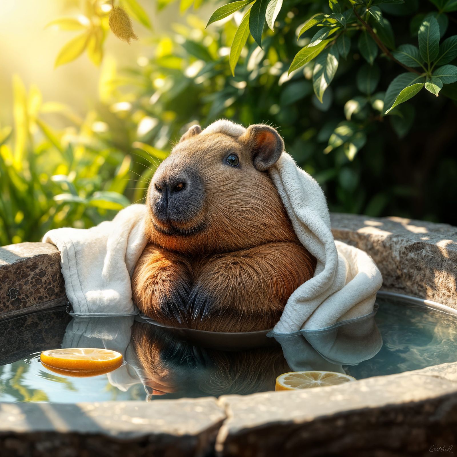 Cute Realistic Capybara Relaxing in Soothing Lemon Bath