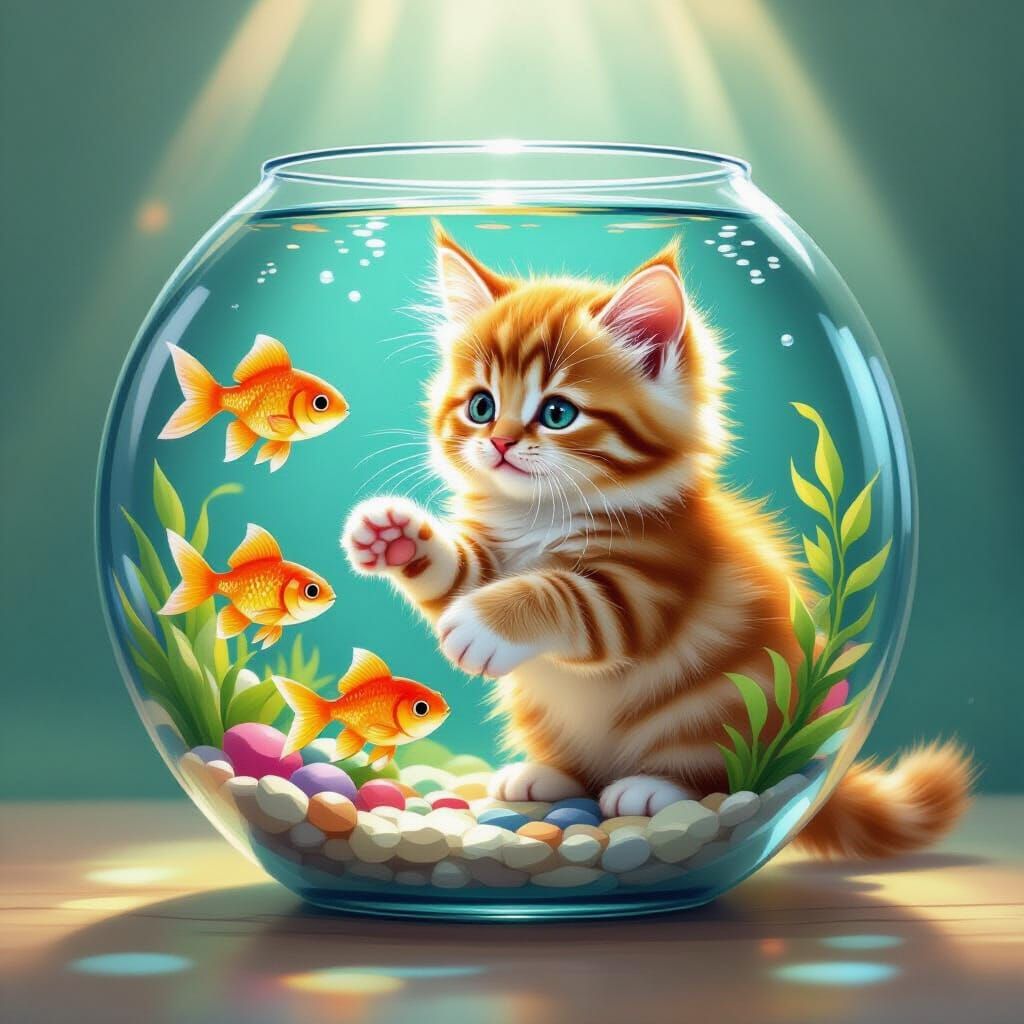 Ginger Kitten Plays with Fish in Round Aquarium
